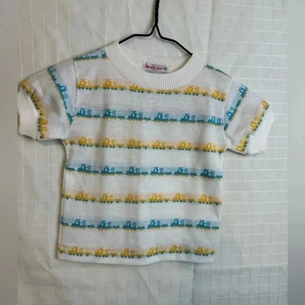 Vintage Healthtex Boys Size 24M Truck Shirt Sleeve Cotton Blend Blue White